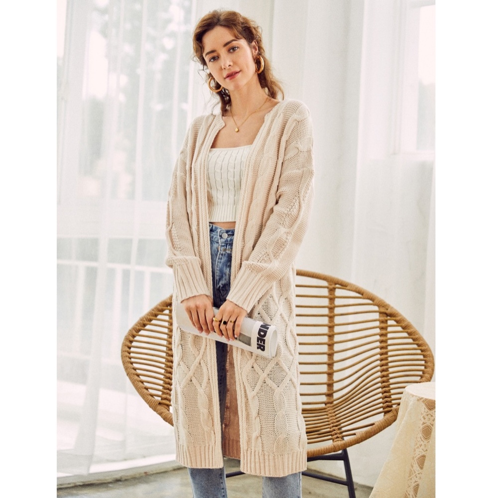 Long Cable Knit Open Cardigan - Picture 9 of 11